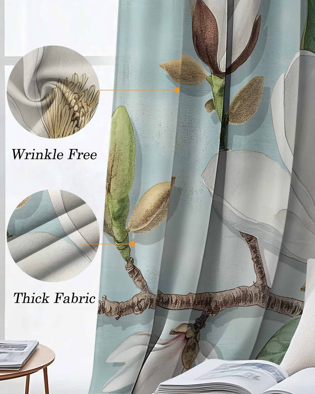 Magnolia Flowers Blackout Curtains 84 Inches Long, Retro White Floral 2 Panels, Thermal Insulated Room Darkening Drapes with Grommets, 52W x 84L Each Panel