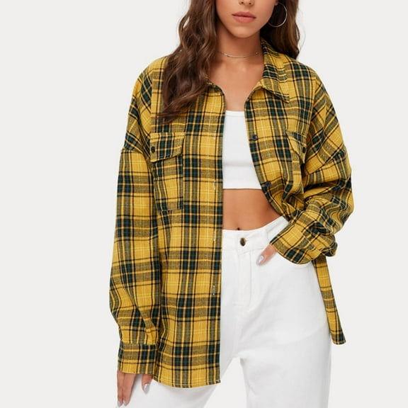 cllios Flannel Plaid Shacket for Women,Women's Flannel Plaid Shacket Long Sleeve Button Down Shirts Jacket Coats with Side Pockets