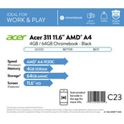 Acer 311 EDU 4GB/64GB Chromebook, 11.6 HD Display, AMD A-Series Dual-Core A4-9120C, 4GB DDR4, 64GB eMMC, 802.11ac WiFi 5, Bluetooth 4.2, ChromeOS, CB311-10H-42LY