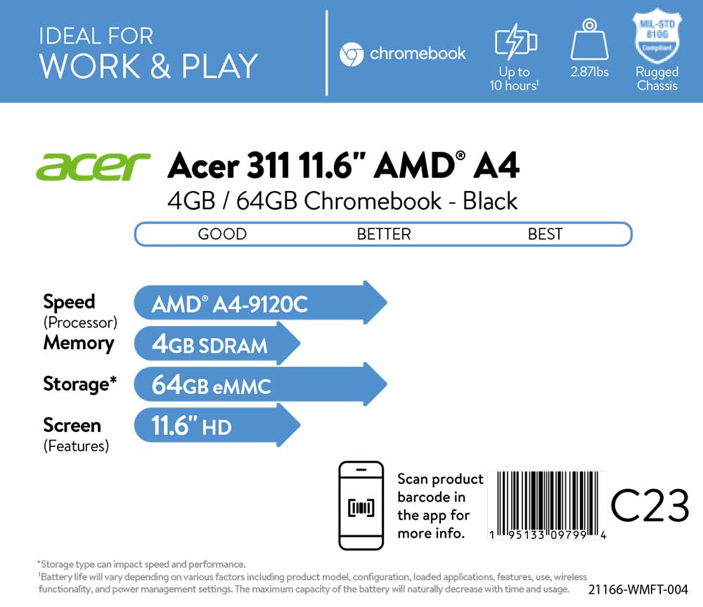 Acer Chromebook 311 CB311-10H-41M9, Military Standard (MIL-STD 810G) impact-resistant body; AMD A-Series Dual-Core A4-9120C, 11.6" HD, 4GB DDR4, 64GB eMMC, 802.11ac WiFi 5, Bluetooth 4.2, Chrome OS - image 5 of 5