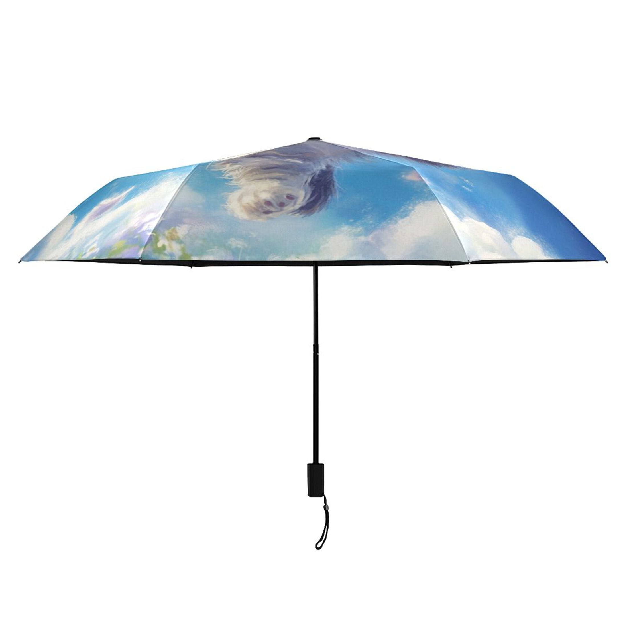 Cute Cats Flying on Floral Field All Weather Umbrella Triple Folding Parasol 6 Ribs UV Protection Portable