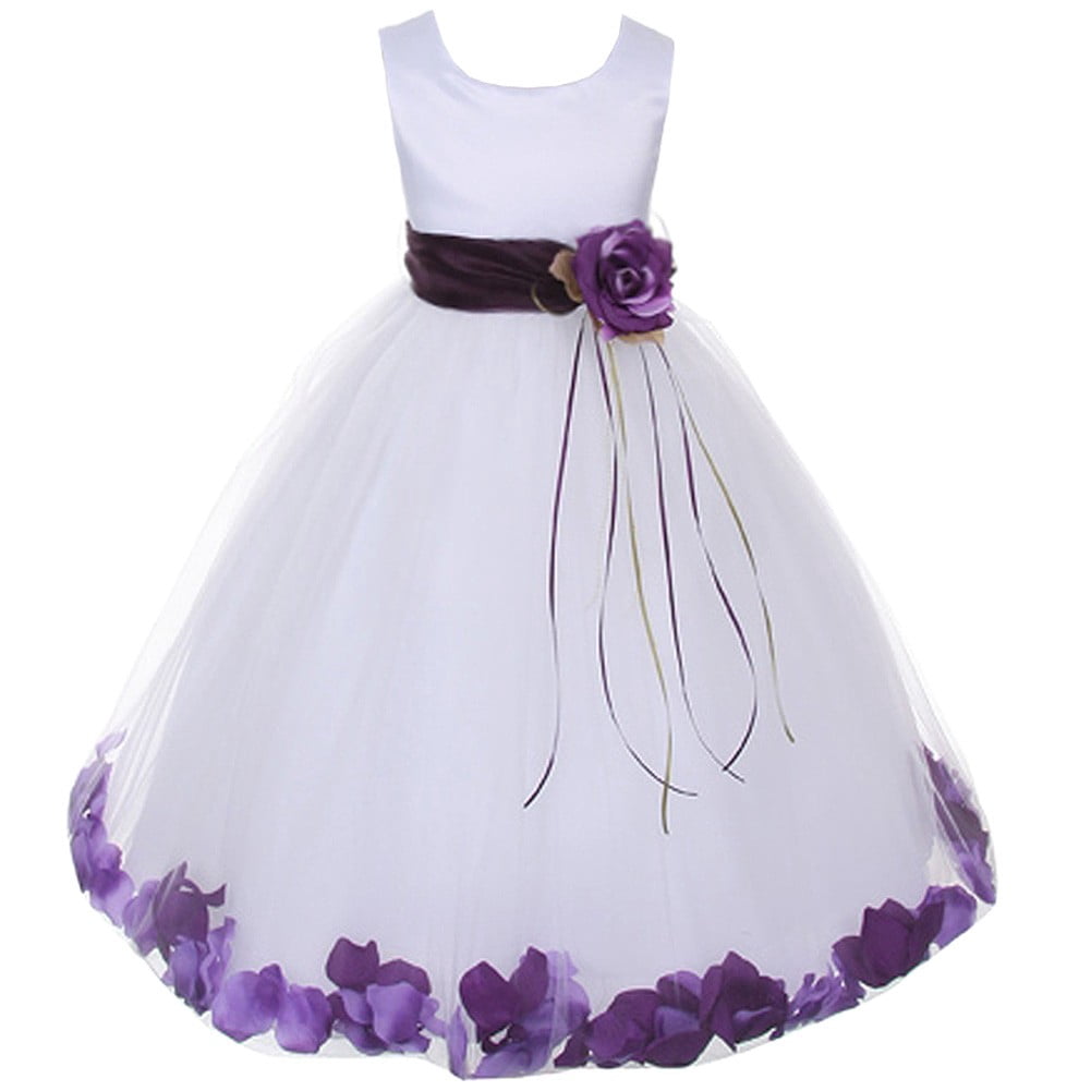 Kids Dream Girls White Satin Purple Petal Flower Girl Dress 9/10