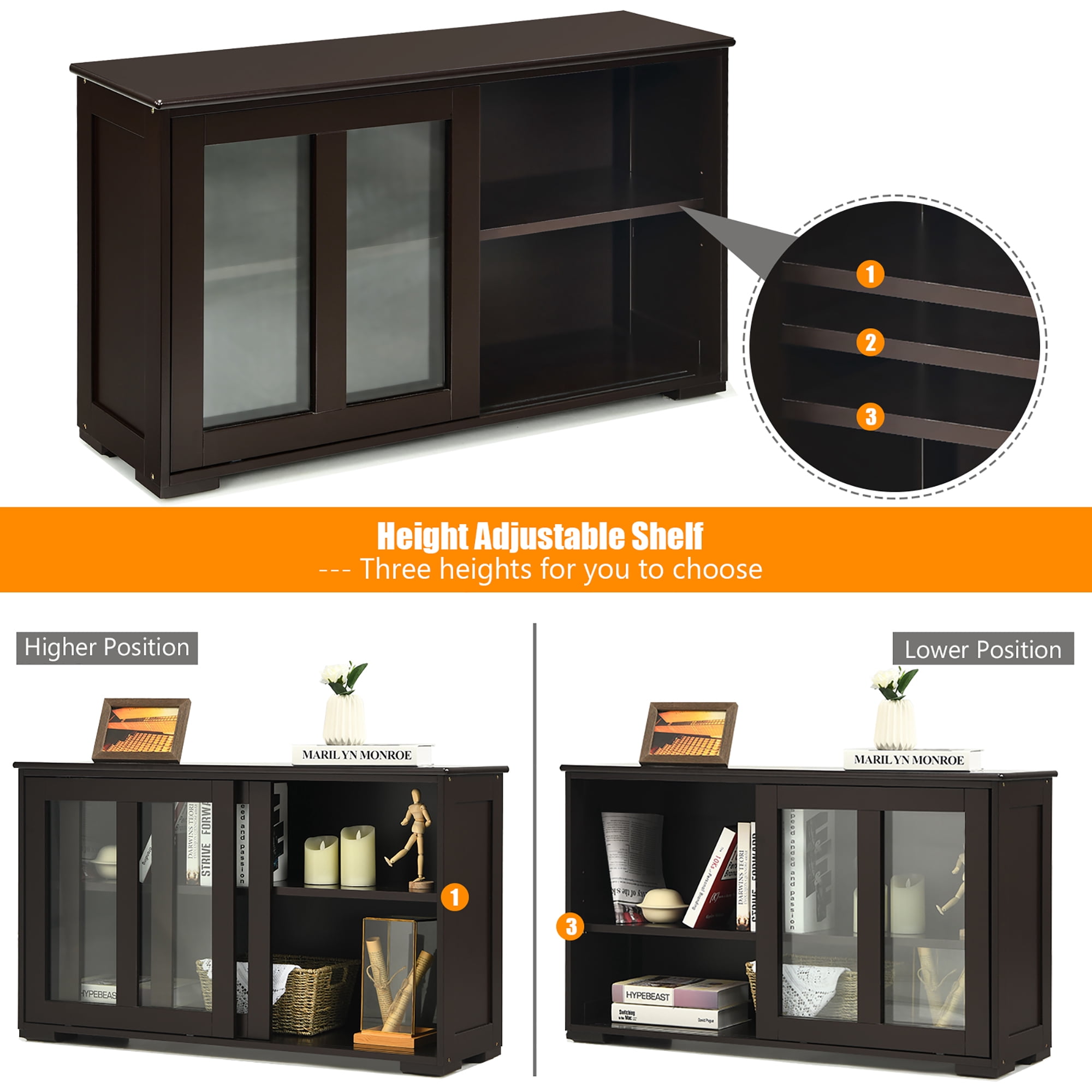 Costway Kitchen Storage Cabinet Sideboard Buffet Cupboard w/ Sliding Door Brown