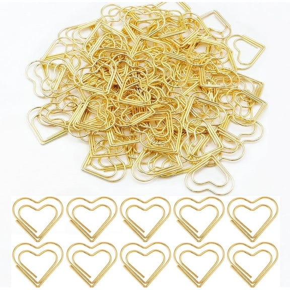 GIRACOA 150 Pieces Heart Paper Clips Large Paper Clips Gold Heart Shaped Paper Clips Love Pattern Paper Clips Heart Office Paper Clips for Postcards Office
