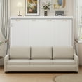 thumbnail image 3 of Euroco Full Size Murphy Bed with Storage Shelves and LED Light, Heavy Duty Wall Bed with Folding Sofa, Beige, 3 of 15