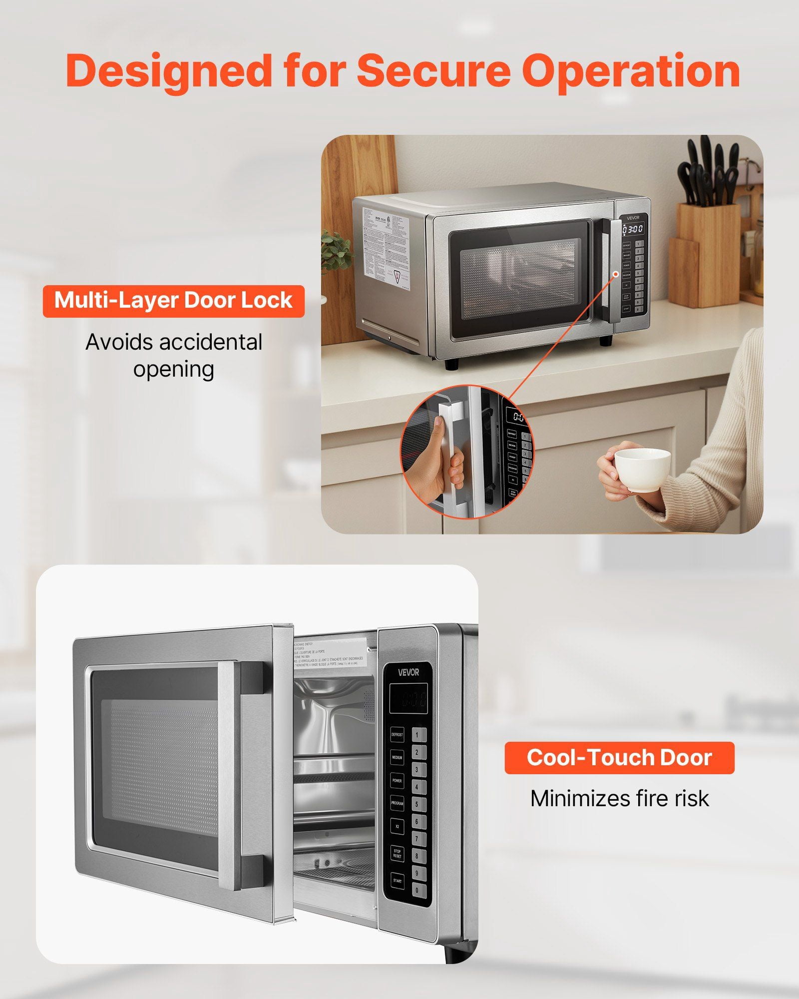 0.9 Cu Ft 1000W Commercial Stainless Steel Countertop Microwave Oven with Digital Touchscreen 10 Presets 5 Power Levels Multi Lock Door Easy Clean Interior
