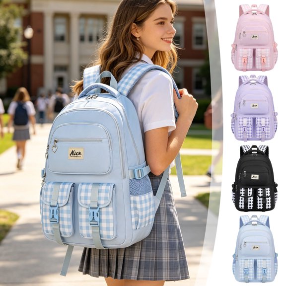 PYURTEP Plaid School Backpack for Girls Boys, Waterproof Nylon Large Capacity Backpack with Multi Pockets for Elementary Middle High School