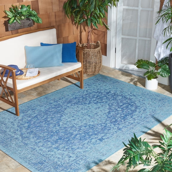 SAFAVIEH Courtyard Kebo Medallion Indoor/Outdoor Area Rug, Navy/Aqua, 5'3" x 7'7"