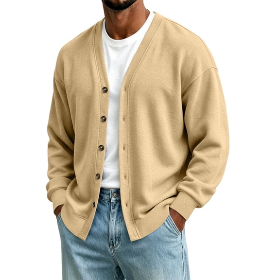 Guluxicc Fleece Jackets for Men Loose V Neck Button Down Long Sleeve Solid Knit Jackets with Pockets for Lounge Everyday Fall Winter