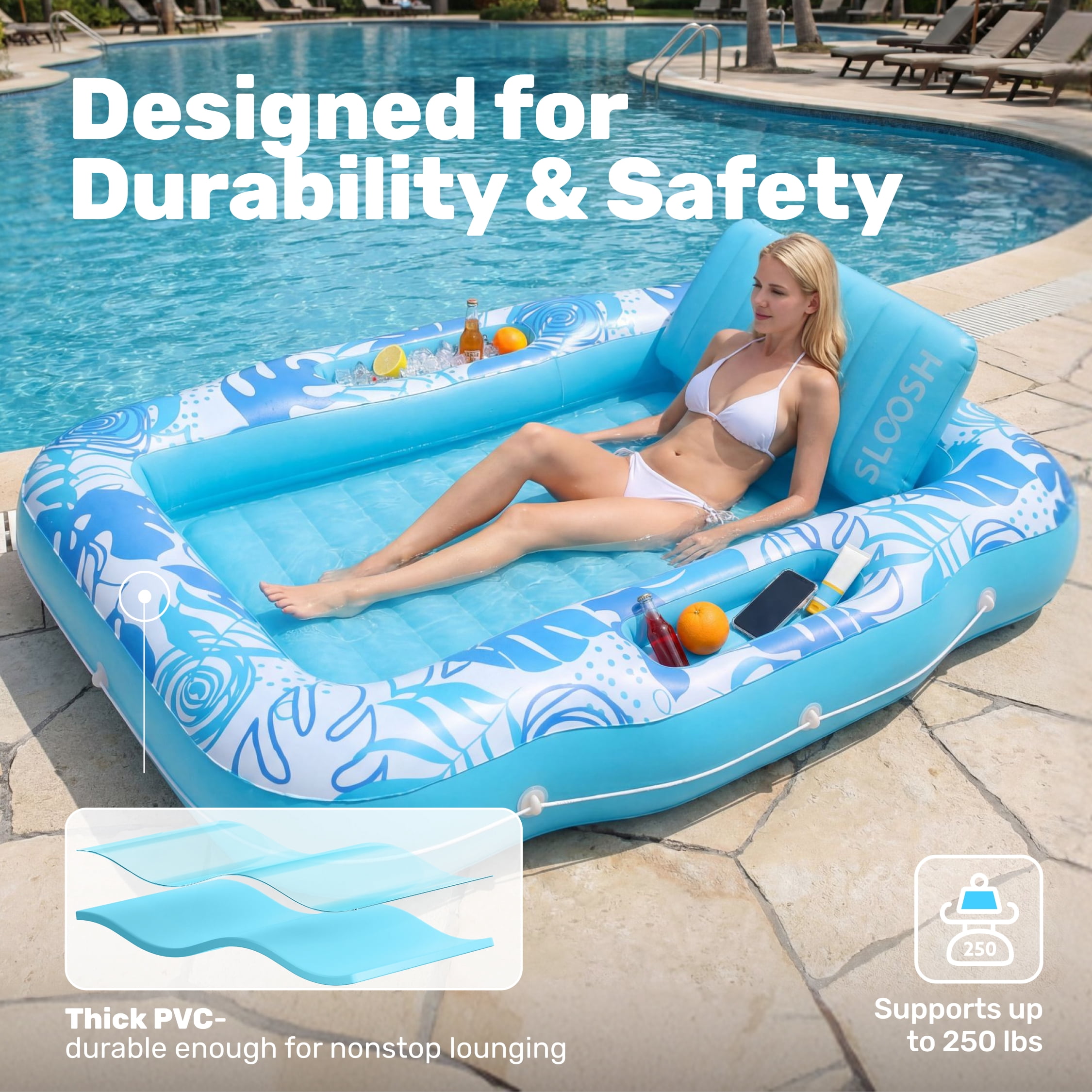 SLOOSH Inflatable Tanning Pool Lounger Float with Cooler, 70" x 46" Large Suntan Sun Tan tub for Adults, Tanning chair, Bed Blow up, Raft Lounge Floatie
