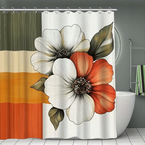 Potopok Floral Shower Curtain in bold orange and white flower design, perfect for autumn themed bathroom decoration, waterproof polyester with hooks, for shower, tub, or room divider, 70.8x70.8 Inch