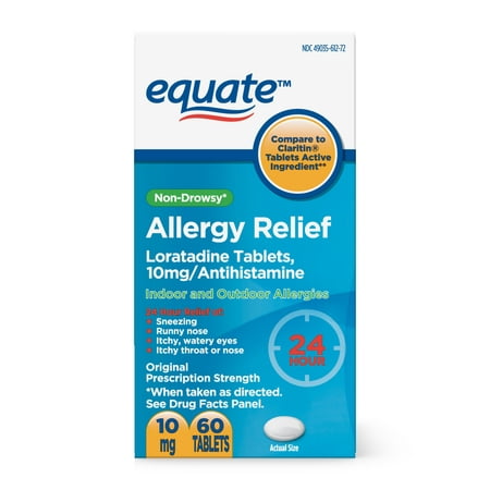 Equate 24 Hour Non-Drowsy Allergy Relief Loratadine Tablets, 10 mg, 60 (Best Otc Non Drowsy Allergy Medicine)