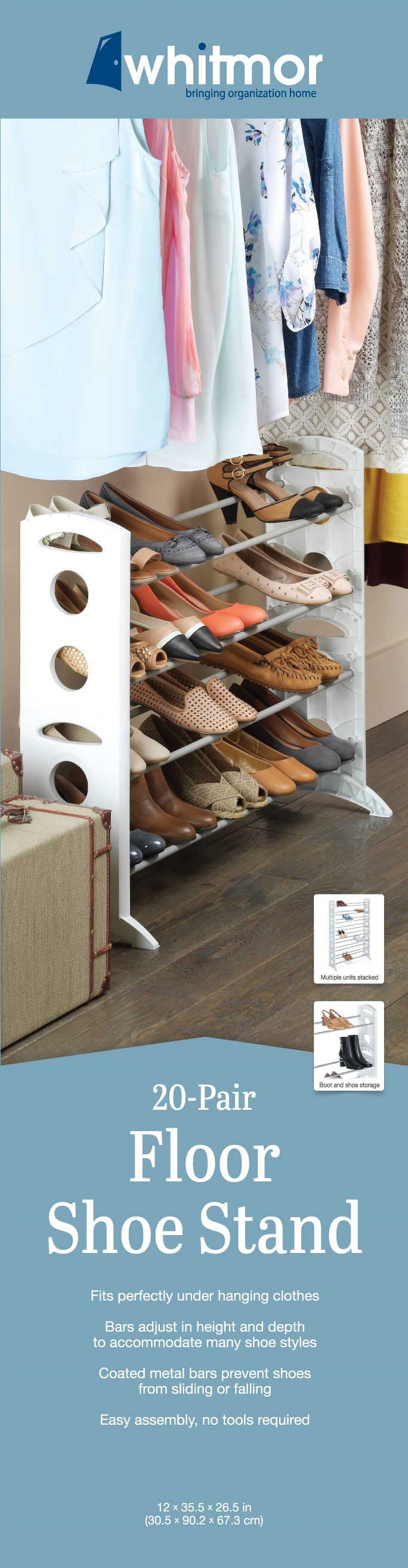 Whitmor 4-Tier Metal & Plastic Show Rack, Space-Saving Shoe Organization, 20-Pair Capacity, Silver & White