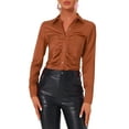thumbnail image 1 of BLUSA DE SATÉN PARA MUJERES INSPIRE CHIC DE MANGA LARGA CON CUELLO PUNTA Y BOTONES COLOR S CAFÉ, 1 of 5