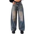 thumbnail image 2 of Women'S Wide Leg Jeans Distress Mid Waist Denim Pants Vintage Y2K Trousers Retro Blue M, 2 of 7