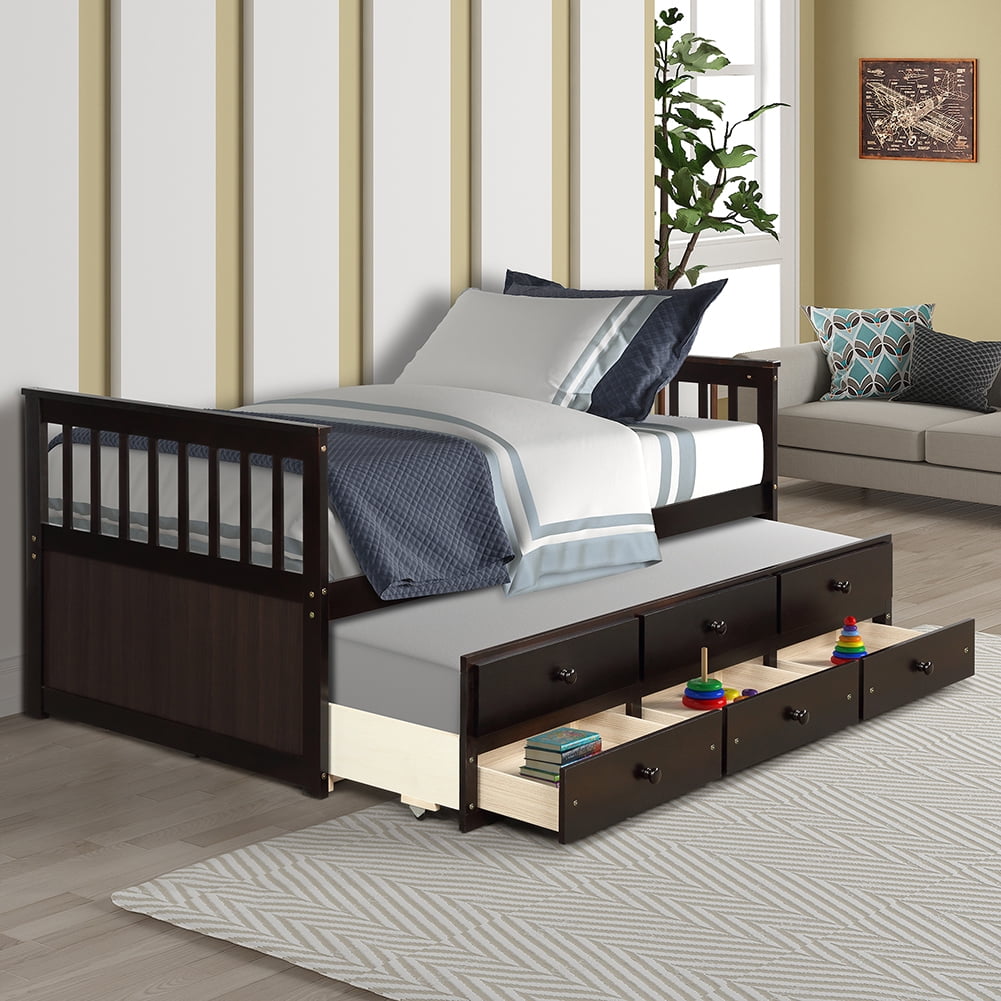 Lowestbest Solid Wood Captain's Bed, Twin Daybed with Trundle Bed and 3 Storage Drawers