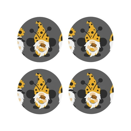 

Matuu Bee Gnome With Sunflower for Cup Coasters Set of 4 Leather Coasters Desk Coasters for Office Measures 4” x 4”-Round Shape