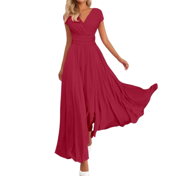 Summer V Neck Short Sleeve Bohemian Fit Waistline Dress for Women Casual Daily Elegant Flowy Midi