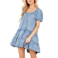 thumbnail image 6 of Liacowi Women Juniors Denim Dress Short Sleeve Ruffle Dress Flowy Square Neck Summer Loose Jean Dress, 6 of 8