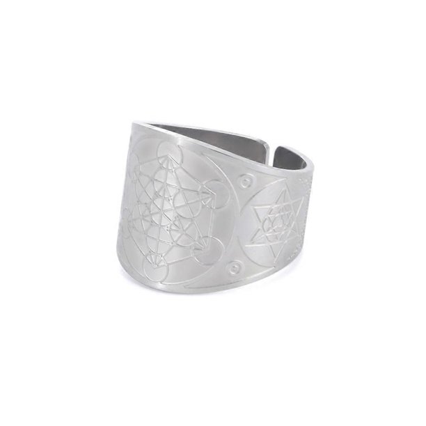 Anillo de acero inoxidable con siete sellos de ángeles para hombre, hexagrama de brujería, cubo de Metatrón, amuleto de la Cábala de Salomón, talismán, joyería, tamaño 8, plata Metatrón