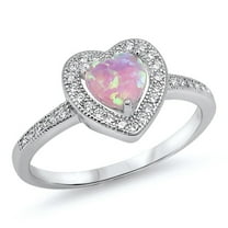 CHOOSE YOUR COLOR Pink Simulated Opal Heart Halo Love Ring .925 Sterling Silver Band White CZ Female Size 5