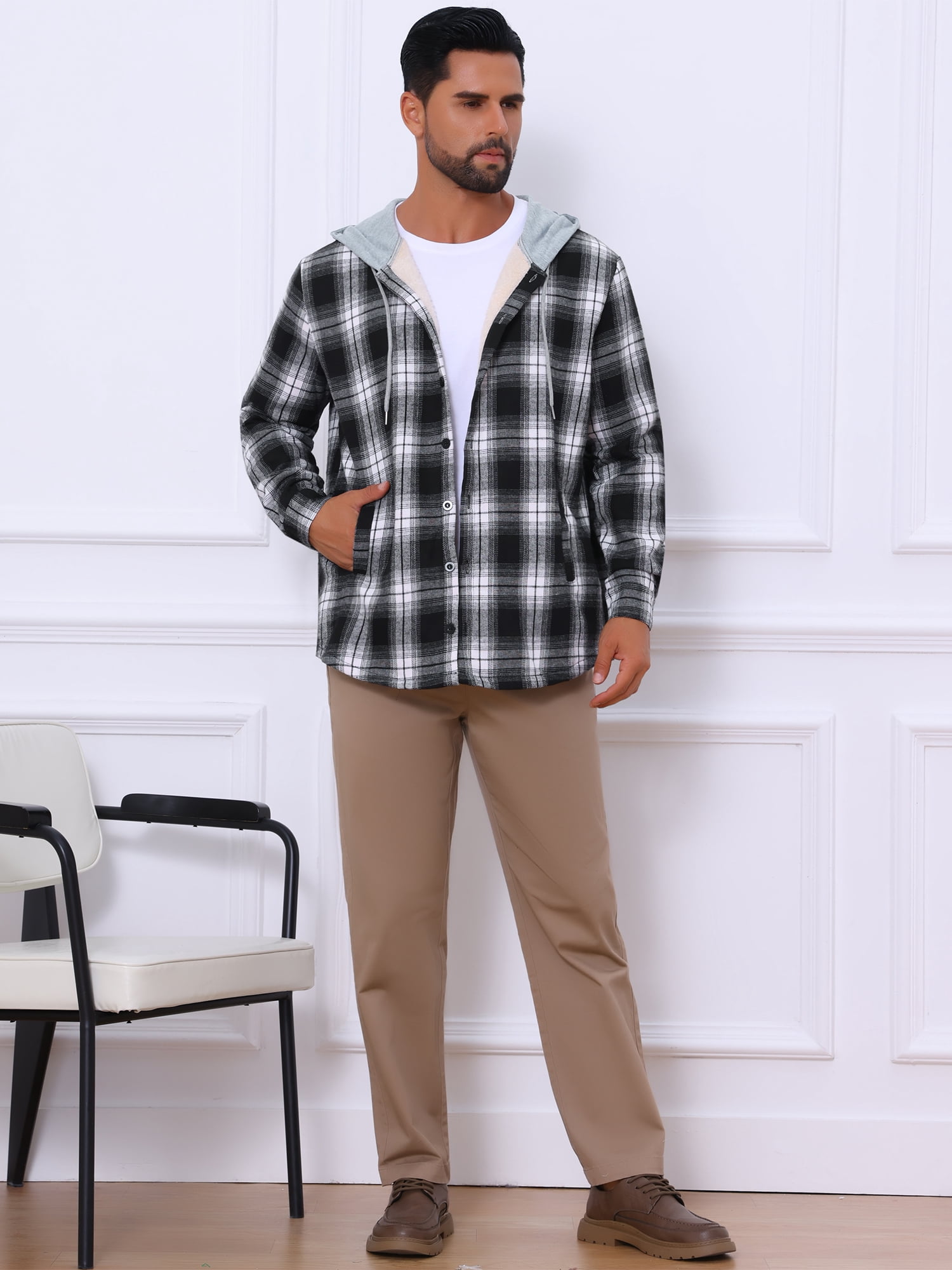 DARING DIVA Men's Fleece Lining Drawstring Hooded Plaid Shirt Jacket XL Black White