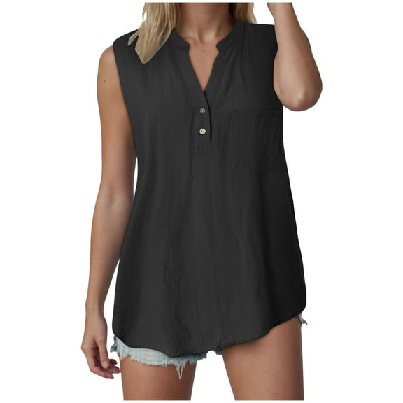 YDFCWXW Tank Tops for Women 2025 Summer Tops Cotton Linen Sleeveless Button Down Shirts Trendy V Neck Blouses with Side Slit Black, M