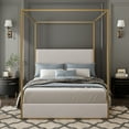 thumbnail image 1 of MODERNLUXE Queen Size Metal Canopy Bed with Tall Upholstered Headboard,Gold Four 4 Bed,No Box Spring Needed,Beige, 1 of 7