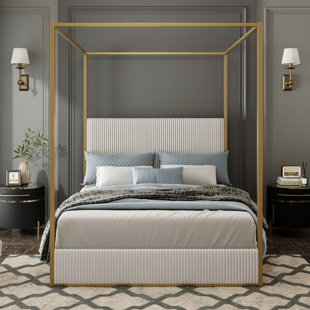 MODERNLUXE Queen Size Metal Canopy Bed with Tall Upholstered Headboard,Gold Four 4 Bed,No Box Spring Needed,Beige