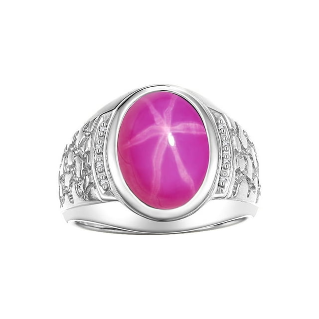 RYLOS Men's Rings 14K White Gold Nugget Ring with Cabochon Gemstone & Diamonds Star Ruby Rings For Men Size 11