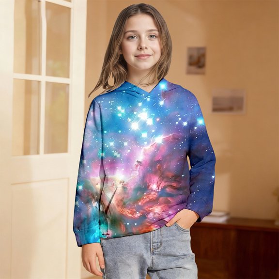 Hoodies for Girls Galaxy Print Relaxed Pullover Hoodie Top Cozy Fall Winter Girls Hoodies Size 3-4Y