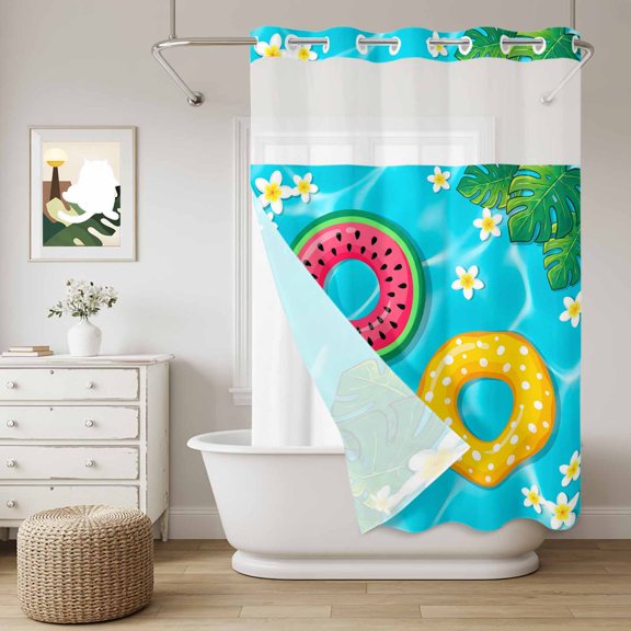 Summer Swimming Pool No Hook Shower Curtain with Snap in Liner, Tropical Leaves Watermelon Swimming Rings Waterproof Shower Curtains with See Through Top Window Liner for Bathroom, 72x84 Inches