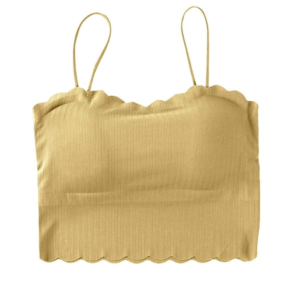 MDUKONU Womens Scalloped Bulit Iin Self Bra Crop Tank Tops Spaghetti Strap Sleeveless Versatile Summer Going Out Tee Shirts Size: One Size Khaki