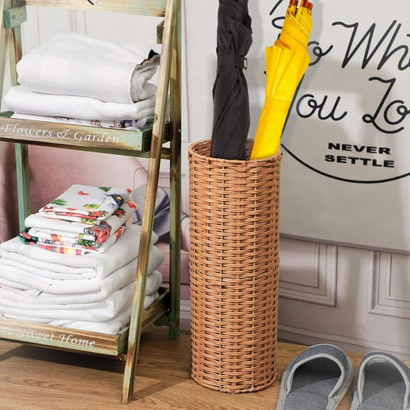 Woven Umbrella Stand - Natural Rattan Cylindrical Style for Entryway, Bathroom & Laundry