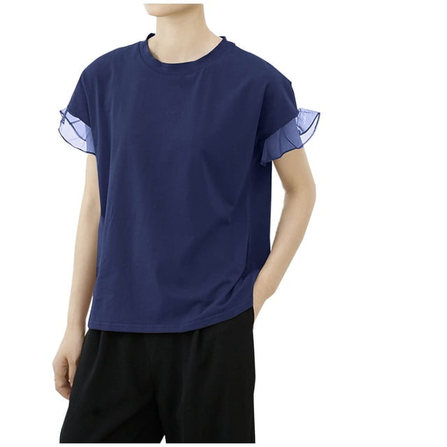 Timegard T-Shirts pour Femmes Manches Courtes Dentelle Col Rond Hauts Décontractés Couleur Unie Haut Basique