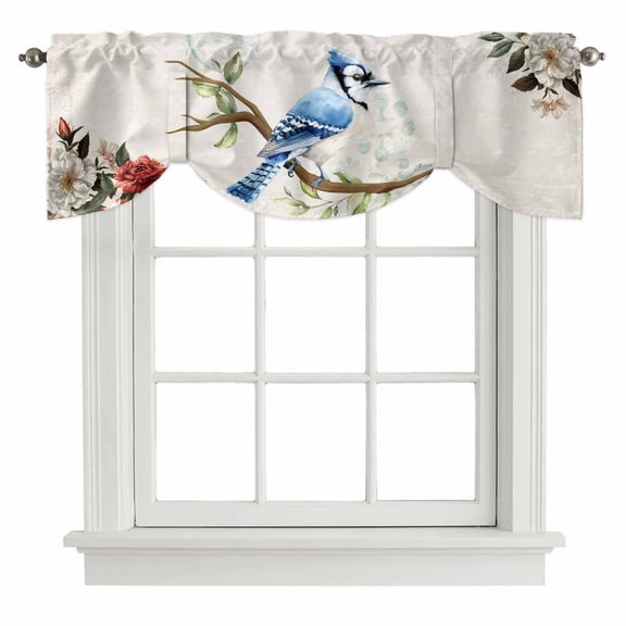 Blue Bird Floral Tie Up Valance Curtains for Windows, Kitchen Curtains Window Treatments, Country Tree Branches Flowers Animal Short Window Shades Valances for Bedroom Bathroom Cafe 54"x18"