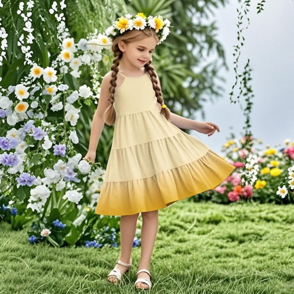 DAETIROS Girls Tiered Dress Ombre Yellow to Orange Spaghetti Straps Soft Summer Sundress for Beach Party Playdate Kids 2T-10Y,Size 4 T