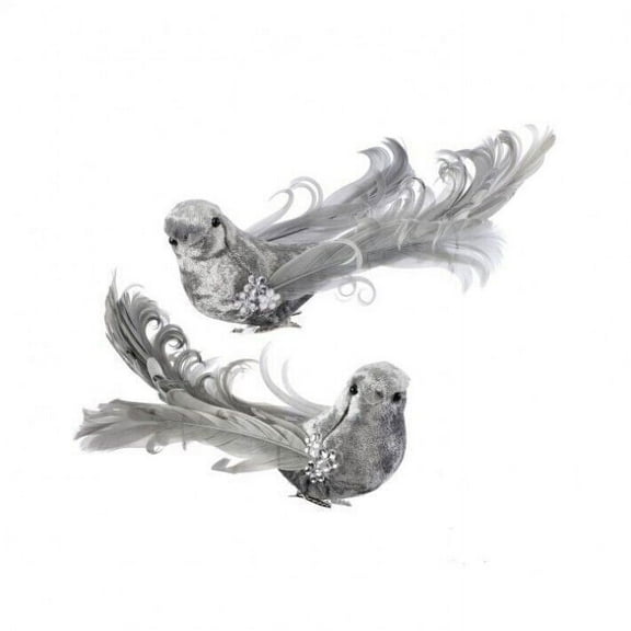 Set of 2 SILVER & GREY BIRD Clip-on Christmas Ornaments by Regency