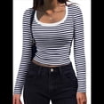 thumbnail image 1 of Camisas de Larga con Cuello Redondo para Mujer, Blusas Informales de Punto Acanalado de Corte Ajustado, Camisetas Básicas de Trabajo para Verano y Otoño. Azul Marino M, 1 of 8