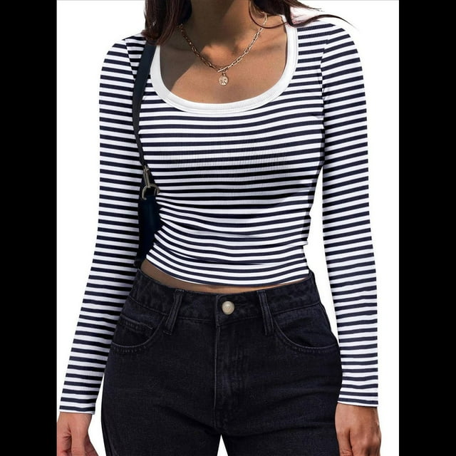 Camisas de Larga con Cuello Redondo para Mujer, Blusas Informales de Punto Acanalado de Corte Ajustado, Camisetas Básicas de Trabajo para Verano y Otoño. Azul Marino M