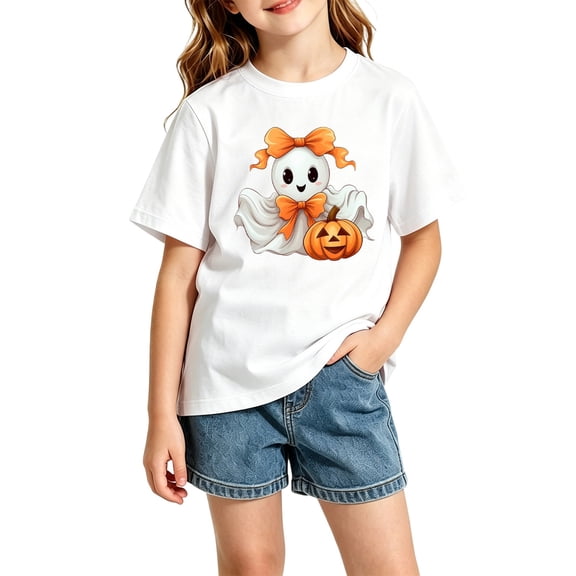 RUTAYY Girls T-Shirt Crew Neck Short Sleeve Halloween Bow Ghost Pumpkin Graphic Casual Tee White