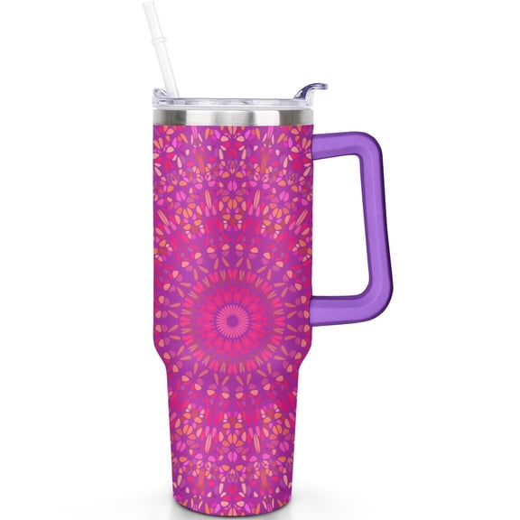 Leak Proof 40oz Boho Mandala Tumbler with Handle, Flip Straw Lid, Vacuum Insulated Stainless Steel Travel Mug, Ideal Gift for Him and Her