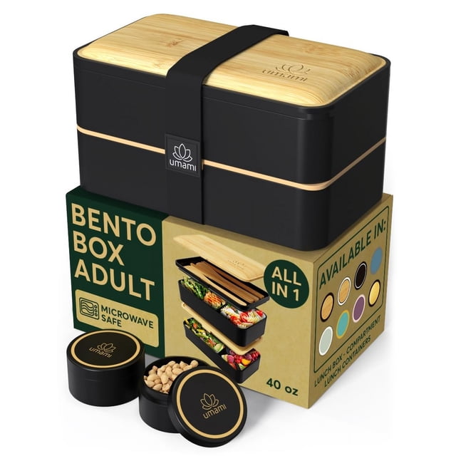 Umami Bento Box para adultos todo en 1 con 4 utensilios, 2 frascos de salsa y 2 divisores, tapa de bambú real, 100% a prueba de fugas, apto para microondas y lavavajillas