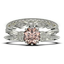 Beautiful 2.25 Carat Round Cut Morganite And Diamond Moissanite Floral Engagement Ring, Antique Wedding Ring, Two Matching Band in 10k Solid White Gold, Gift For Her In Festival Time, Promise Ring