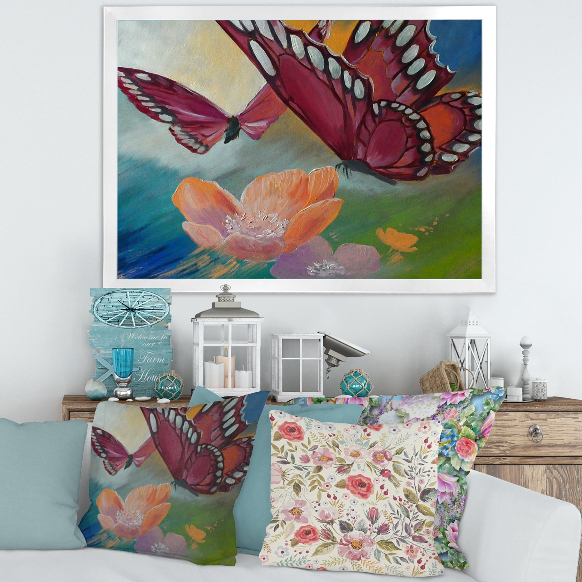 Designart 'Butterflies On Pink Flowers' Traditional Framed Art Print