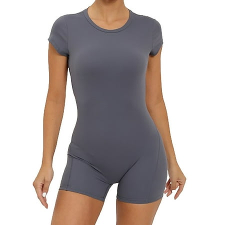 Yuzhih Womens Rompers Short Sleeve Crewneck Shorts Jumpsuit with Bra Slim Backless Stretch Workout Yoga Bodysuit