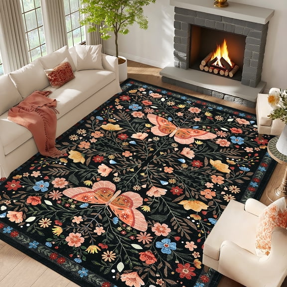 Hasoo Washable Living Room Area Rug 10x13 Large Modern Floral Soft Non Slip Indoor Black Carpet