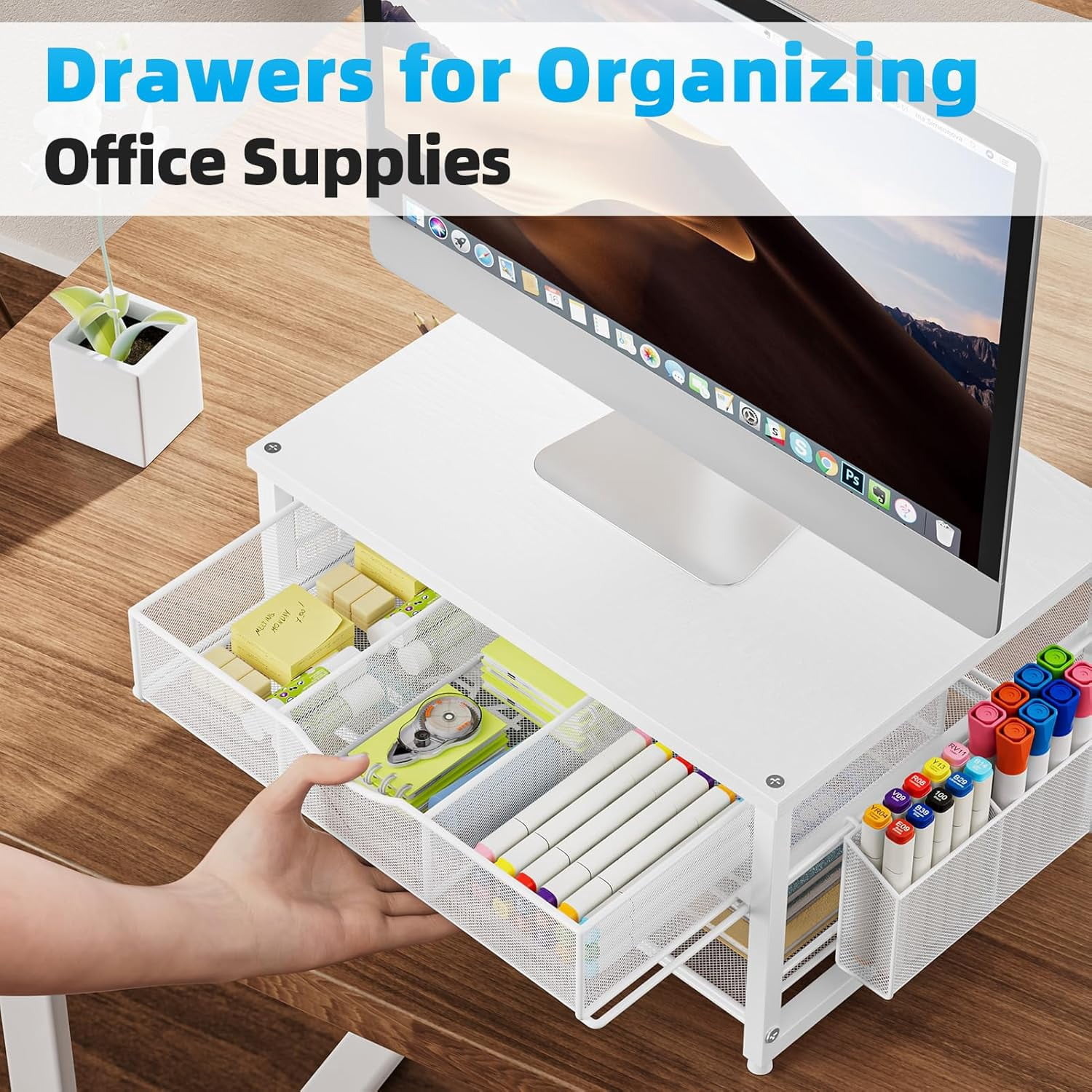 Wood Printer Stand for Desk, 2-Tier Desktop Printer Table for Home Office, Printer Stand with Storage Drawer 2 Pen Holders, Multi-Purpose Desk Organizer for Fax Machine Scanner(Wood White)