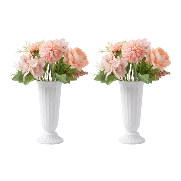 Artificial Pink Hydrangea Flowers Set, 2 Faux-Ceramic Shatterproof Vases & 2 Silk Floral Bouquets for Table & Desk Decor