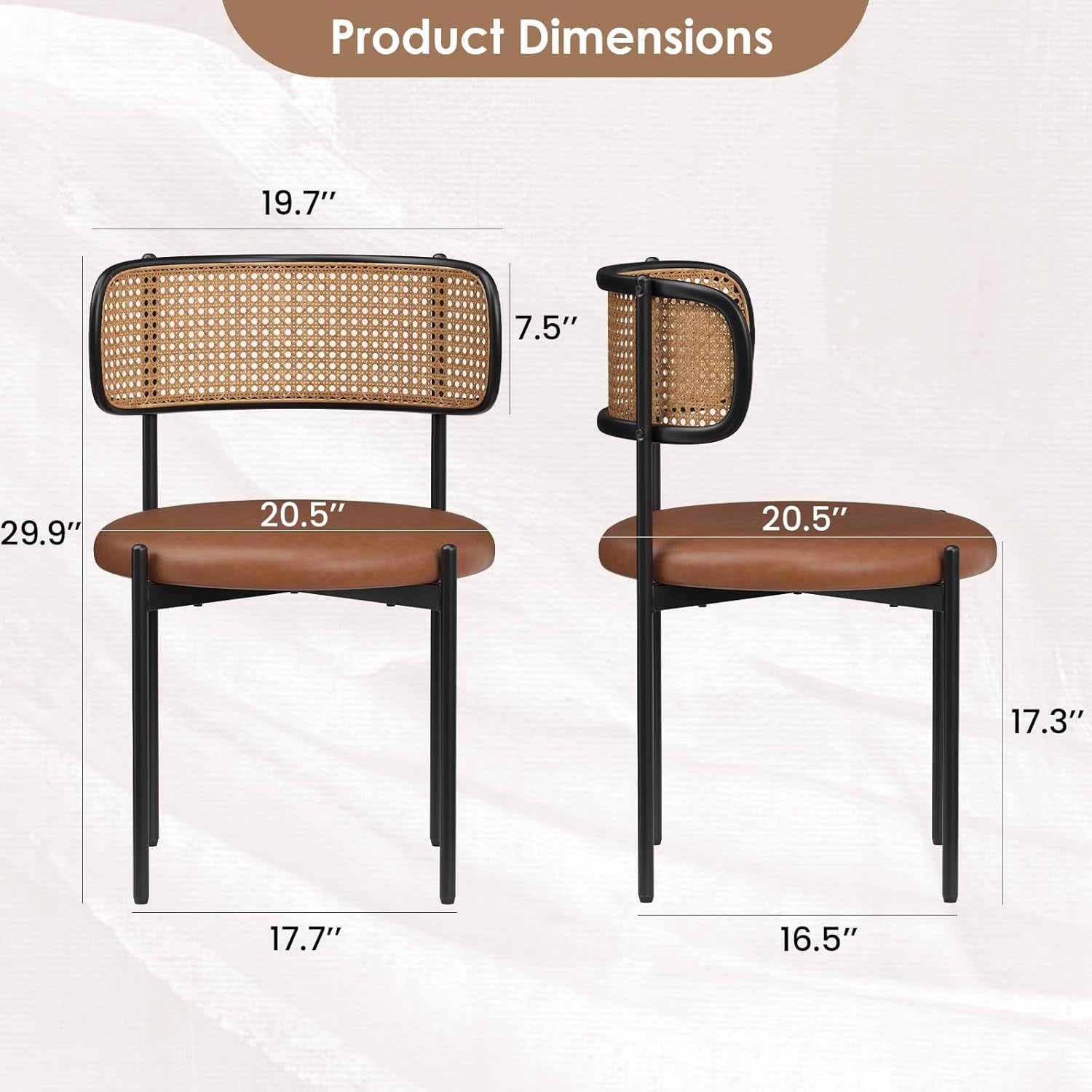 Farini Dining Chairs Set of 4, Upholstered PU Leather & Woven Rattan Side Chairs with Metal Legs for Kitchen, Dining Room, or Cafe, Brown